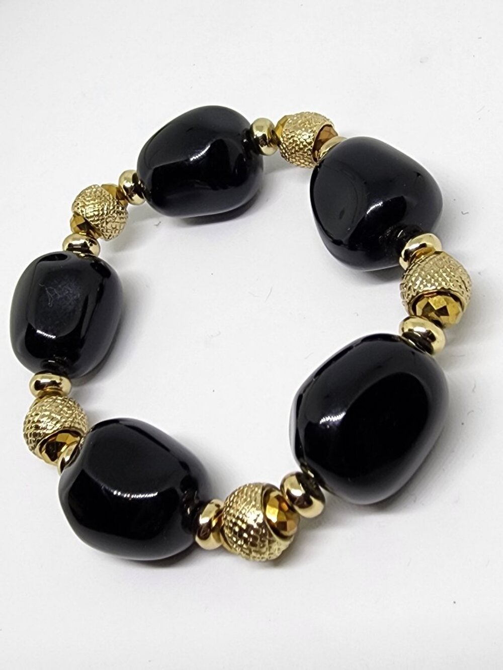 Elegant Dressy Large Chunky Black Bead Shiny Gold Bead Accent Stretch Bracelet